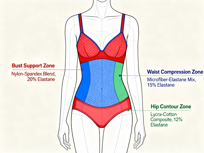 Body mapping technology zones in intimate apparel showing localized fabric engineering and elastane optimization