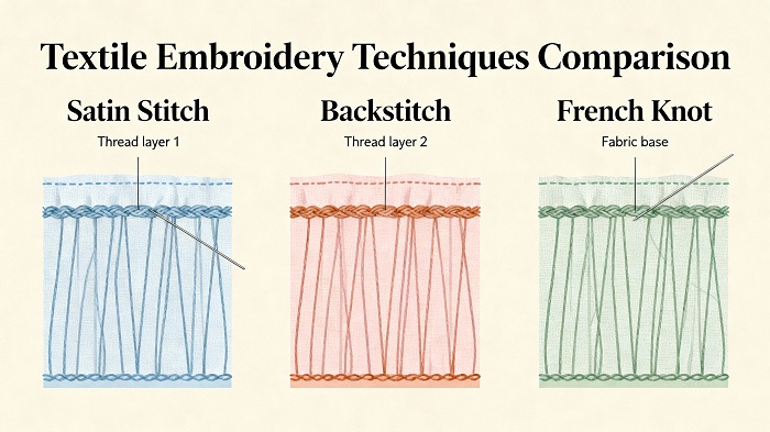 Visual guide comparing traditional lace versus embroidered lace construction techniques