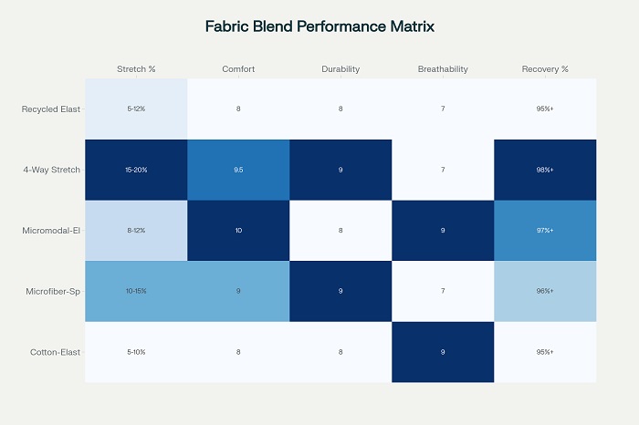 Performance comparison of advanced stretch fabric blends demonstrates the superior comfort and recovery characteristics of modern micromodal and four-way stretch constructions