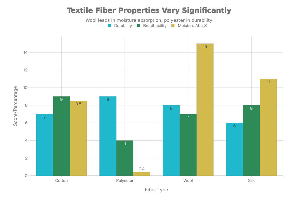 Comparative Properties of Major Textile Fibers showing durability, breathability, moisture absorption, temperature comfort, and relative costs for cotton, polyester, wool, and silk.