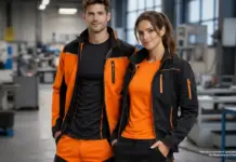 NILIT Unveils SENSIL Technical Fabrics for Modern Workwear Two workers in orange and black jackets stand in a busy industrial workshop, posing for the camera.