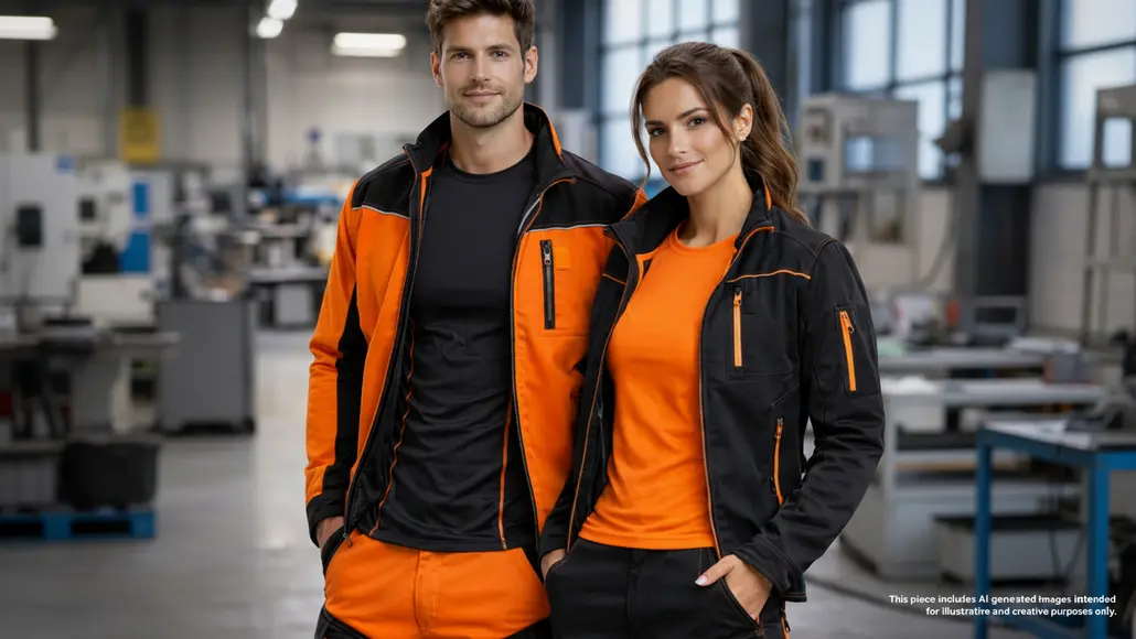 Two workers in orange and black jackets stand in a busy industrial workshop, posing for the camera.