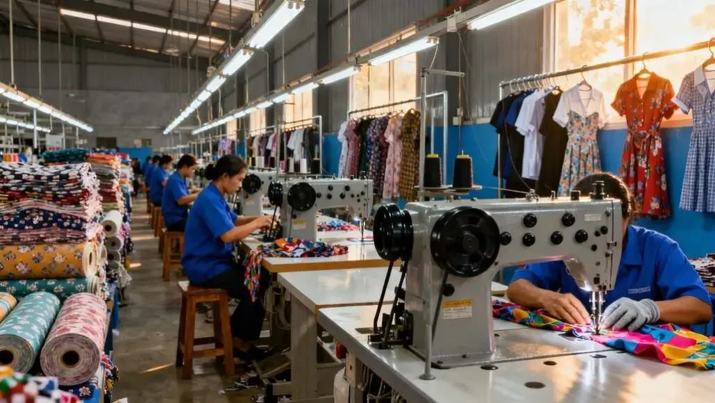Factory sewing room with workers at sewing machines, stacks of fabric and garments on racks.