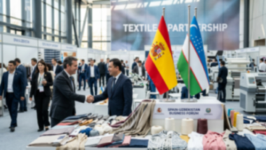 Two businessmen shake hands at a textile trade fair booth, with fabric samples laid out and flags visible in the background.