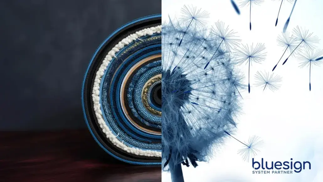 Split image: left shows a cross-section of a blue tire with layered rings; right shows a blue dandelion puff with bluesign SYSTEM PARTNER logo at bottom-right.