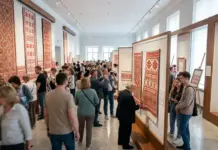 Exhibition Celebrating Neglyubka Textile Traditions Opens in Minsk Crowd of visitors in a museum gallery admiring large red-and-white woven tapestries on wooden frames.