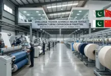 Challenge Fashion Advances Major Textile Manufacturing Expansion in Pakistan Industrial textile factory with workers at weaving machines and large yarn spools; banner mentions Pakistan textile expansion, with Pakistan and China flags on the right.