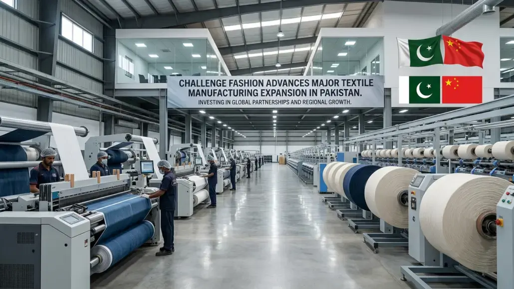Industrial textile factory with workers at weaving machines and large yarn spools; banner mentions Pakistan textile expansion, with Pakistan and China flags on the right.