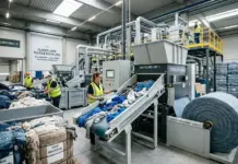 Syre and Target Expand Partnership for Recycled Polyester Industrial textile recycling plant with workers sorting fabrics on a conveyor line in safety vests.