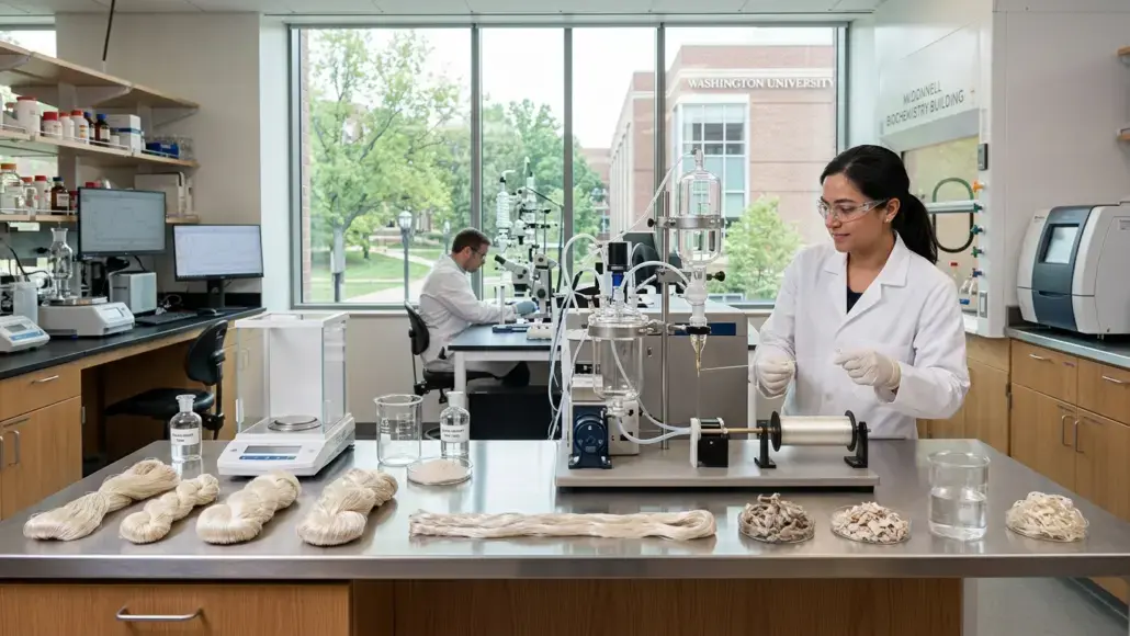 Female scientist in a white lab coat operates a reactor setup on a stainless steel bench, with another researcher at a computer in the background.