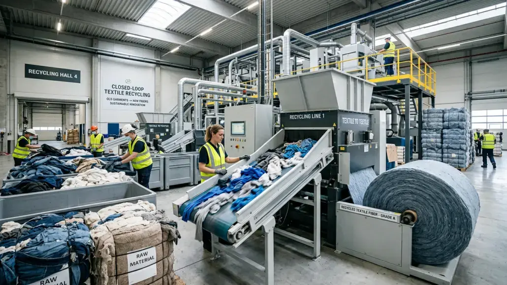 Industrial textile recycling plant with workers sorting fabrics on a conveyor line in safety vests.
