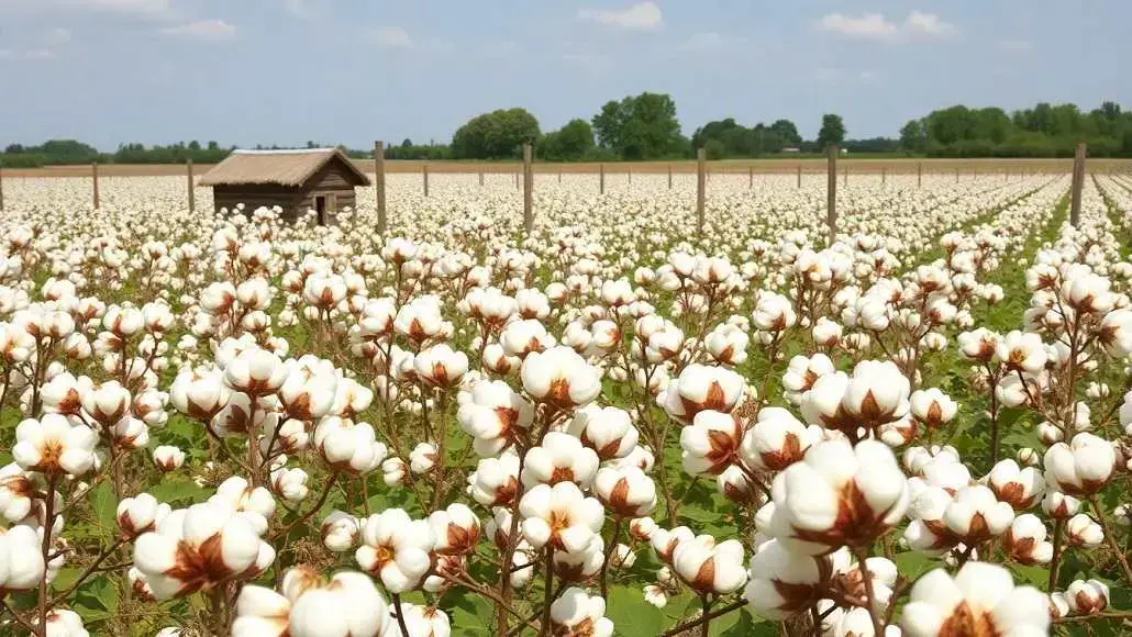 Cotton field in bloom with white fluffy bolls, a small wooden shed and fence in the distance under a blue sky.