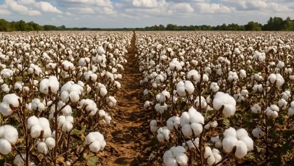 Cotton field with white fluffy bolls in rows and a dirt path running between them toward the horizon under a cloudy sky.