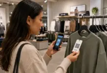 Ecommerce Europe Advocates for Flexible Digital Product Passport Implementation Woman in a cozy sweater scans a QR code tag on a green sweatshirt with her phone in a clothing store