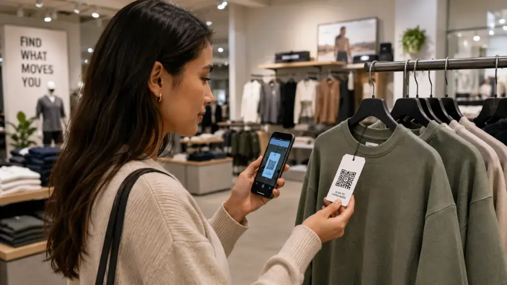 Woman in a cozy sweater scans a QR code tag on a green sweatshirt with her phone in a clothing store