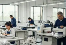 IAF Pushes Shift From Cheap Sourcing to Productivity Gains Factory sewing room with workers at sewing machines and fabric on tables, bright workshop setting.