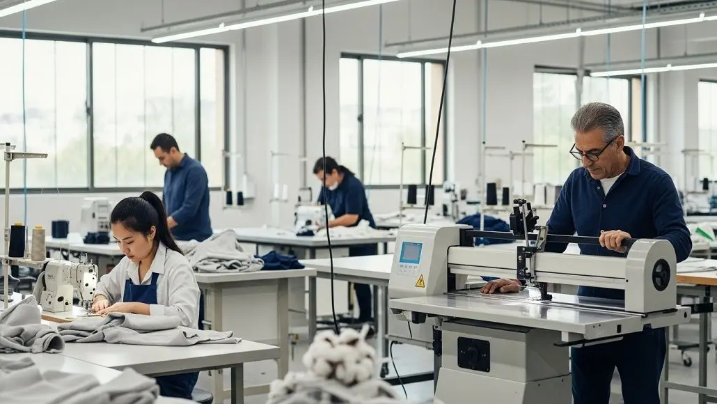 Factory sewing room with workers at sewing machines and fabric on tables, bright workshop setting.