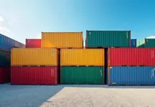 UKFT Seeks Clarity on DEFRA Textile Reuse Guidance Stacked multicolored shipping containers in a storage yard under a bright blue sky with white clouds.