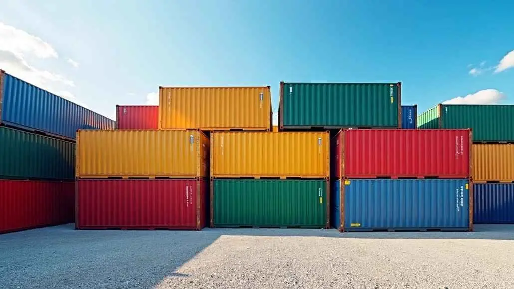 Stacked multicolored shipping containers in a storage yard under a bright blue sky with white clouds.