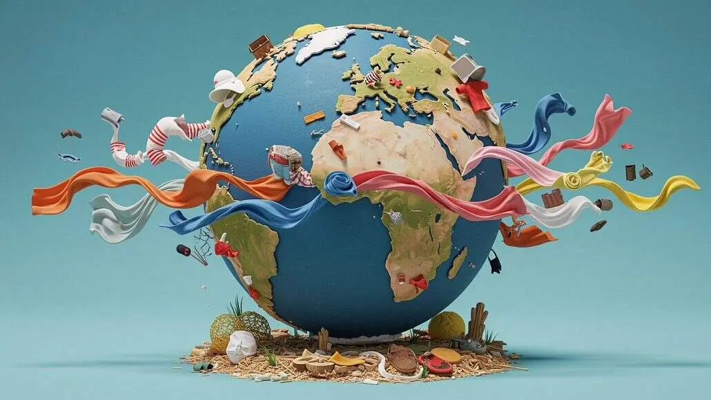 Earth surrounded by colorful ribbons and scattered trash, illustrating global pollution on a teal background.
