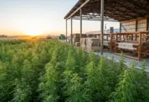 US Hemp Industry Forges Landmark Partnership for Global Textile Market Sunset over a hemp field next to a farm shed with hay bales and weaving looms ready for processing.