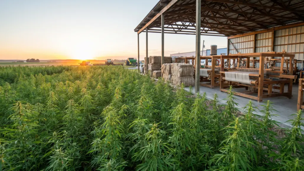 Sunset over a hemp field next to a farm shed with hay bales and weaving looms ready for processing.