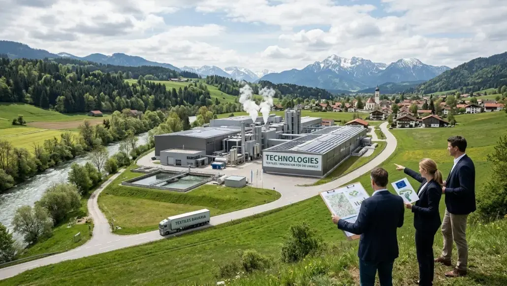 Industrial facility with smokestacks in a green valley and mountains in the background; three professionals in suits review site plans.