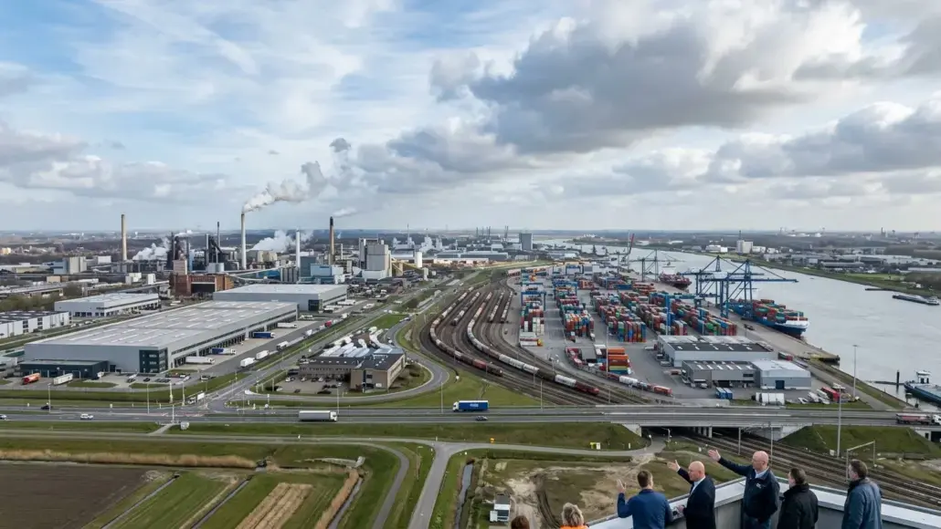 View of a busy industrial port with container yard, cranes, warehouses, and railroad tracks; people watching from a high vantage point in the foreground.