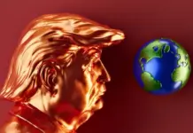 Trump Targets 60 Nations With Forced Labour Tariff Proposal Orange metallic bust of a man with a distinctive hairstyle facing a globe against a red background.