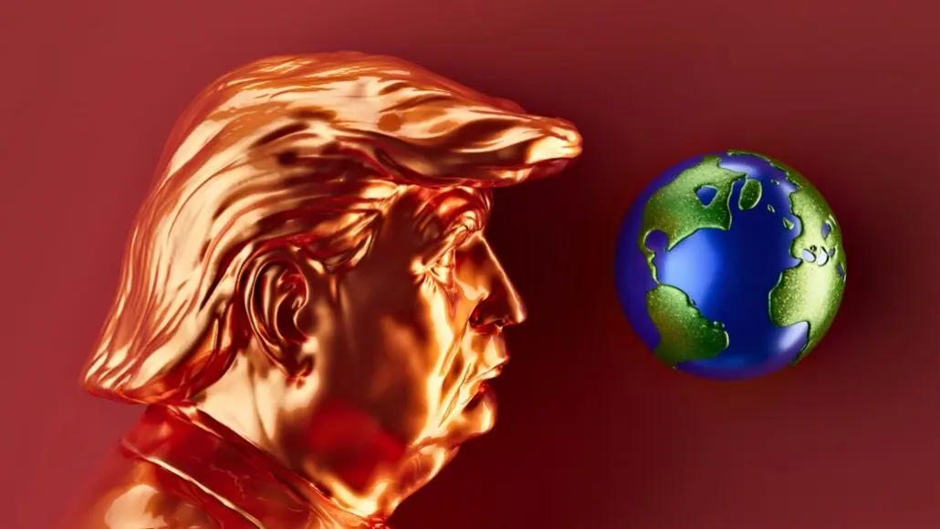 Orange metallic bust of a man with a distinctive hairstyle facing a globe against a red background.