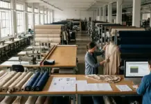 Navigating Upstream Risks in Premium Apparel Supply Chain Textile factory sewing room with fabric rolls, long worktables, and two workers fitting fabric on a dress form