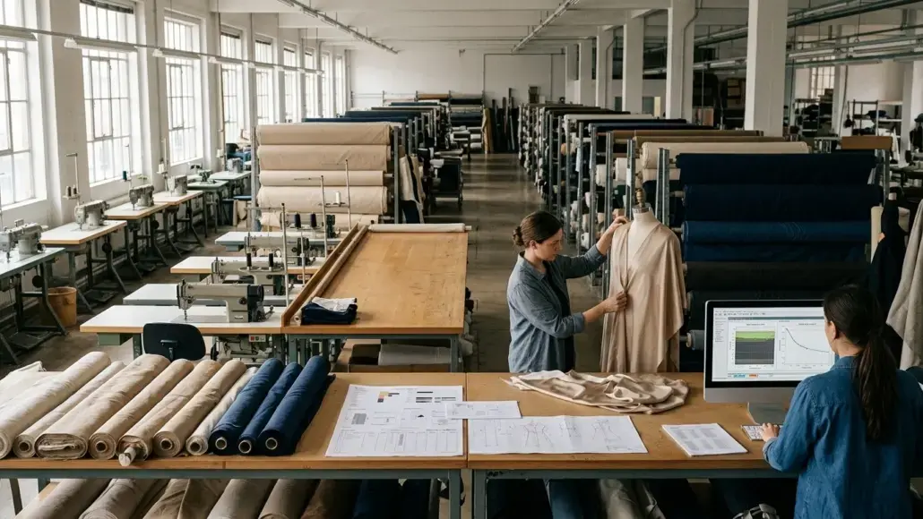 Textile factory sewing room with fabric rolls, long worktables, and two workers fitting fabric on a dress form