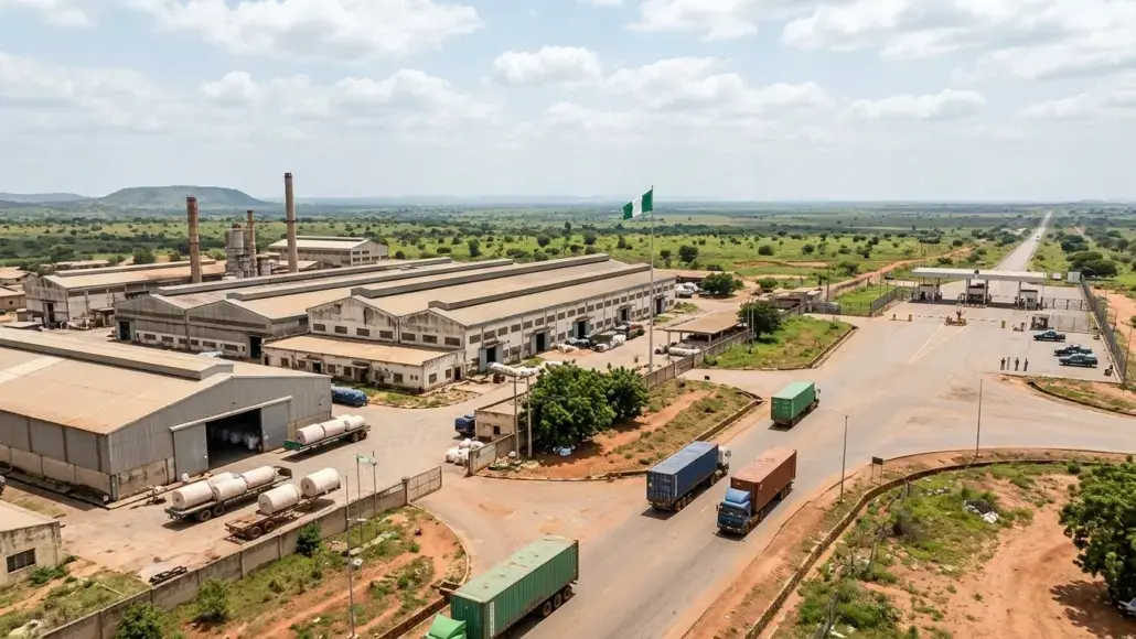 An aerial view of a large factory complex with long warehouses, loading docks, and several trucks on surrounding roads, with a Nigerian flag in the yard.