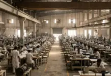 SLCP Finds Most Factories Unprepared for Climate Heat Risks Large garment factory floor with hundreds of workers at sewing machines in long rows.