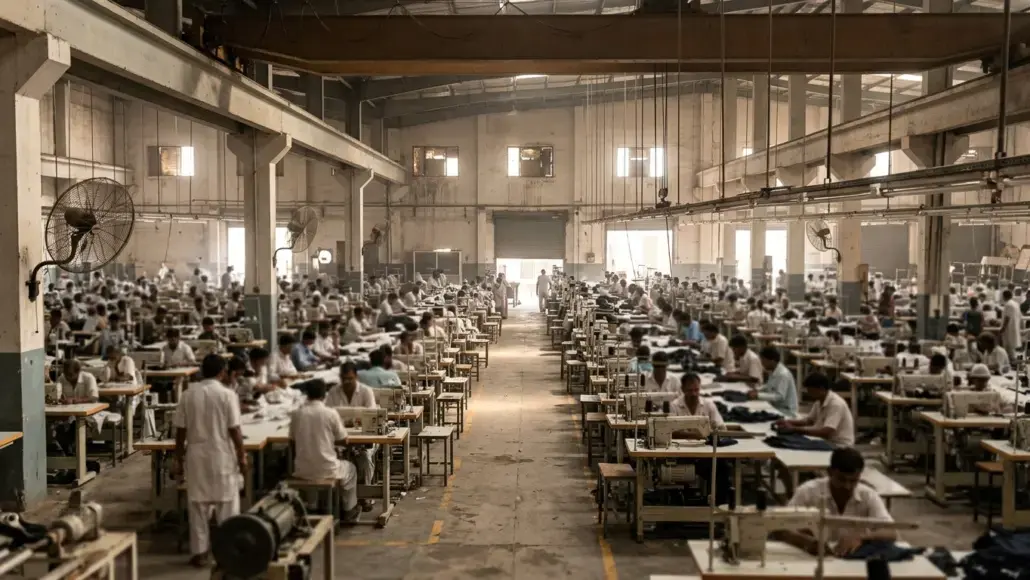 Large garment factory floor with hundreds of workers at sewing machines in long rows.