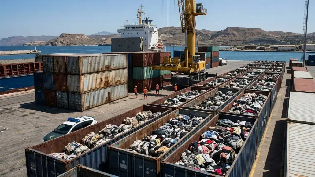 Port scene with stacked shipping containers, a large crane, and rail-cars filled with clothing beside the water.