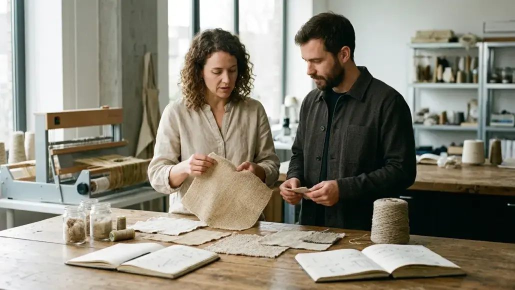 Two designers examine fabric swatches on a wooden worktable in a bright studio, discussing textures and colors.