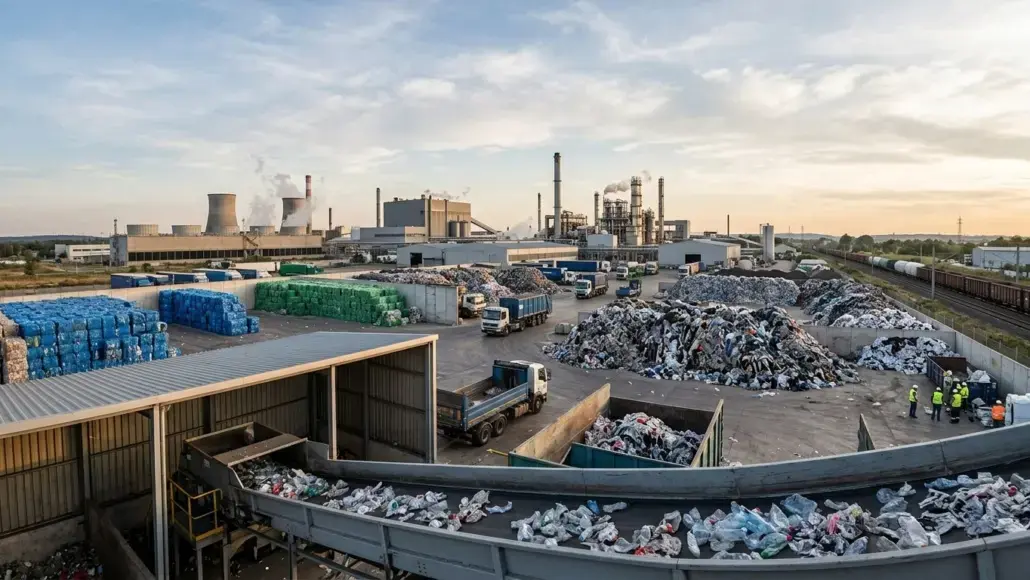 Wide view of a recycling plant: stacked bales of plastic, trucks, and processing towers in the distance.