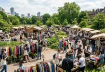 The Resurgence of Pre-Loved Fashion: A Catalyst for Sustainable Change Outdoor street market in a green park with wooden stalls, clothing racks, and people browsing and shopping there.