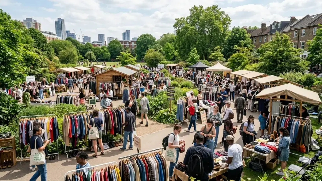 Outdoor street market in a green park with wooden stalls, clothing racks, and people browsing and shopping there.