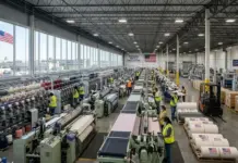 U.S. Textile Industry Hails NDAA Passage, Strengthening ‘Made in America’ Rules A large textile factory with row after row of weaving machines, workers in safety vests, and American flags visible outside the windows.