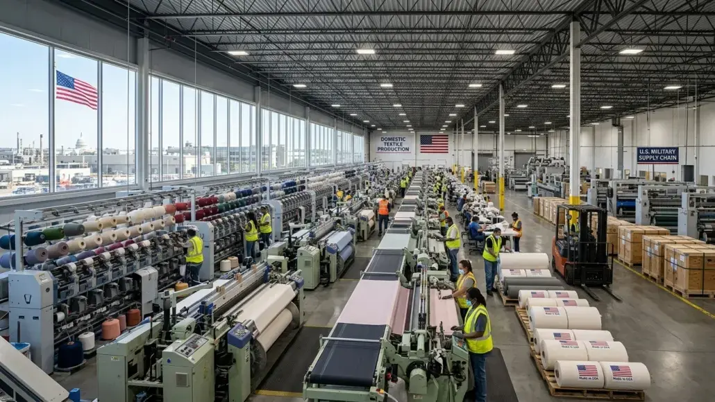 A large textile factory with row after row of weaving machines, workers in safety vests, and American flags visible outside the windows.