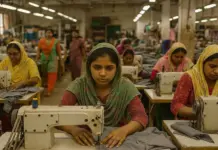 Bangladesh Apparel Sector Evolves Beyond Low-Cost Labor Model Women workers sewing garments in a busy factory; foreground shows two young women at sewing machines, one in a green scarf and the other in yellow, with rows of machines in the background.