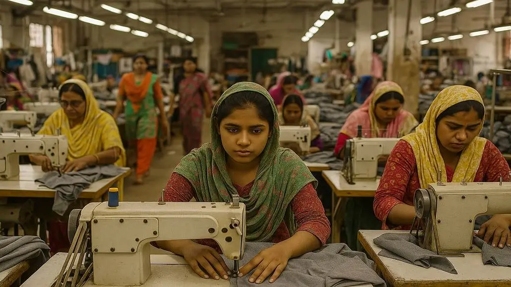 Women workers sewing garments in a busy factory; foreground shows two young women at sewing machines, one in a green scarf and the other in yellow, with rows of machines in the background.