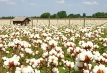Uzbekistan to Import 100,000 Tonnes of Afghan Cotton, Expand Trade A vast field of white cotton plants in bloom, with a small wooden shed and a wooden fence in the background under a blue sky.