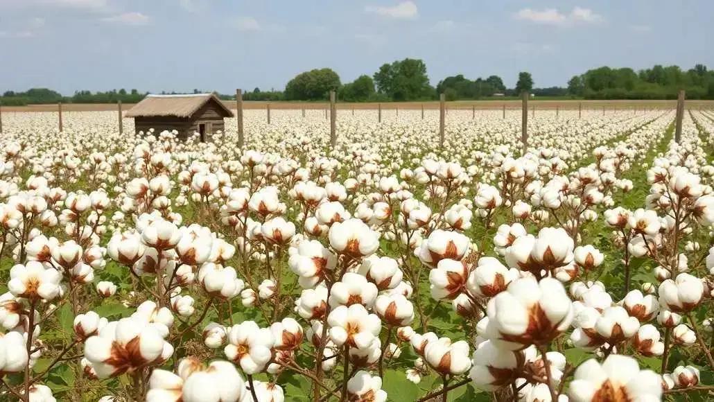 A vast field of white cotton plants in bloom, with a small wooden shed and a wooden fence in the background under a blue sky.