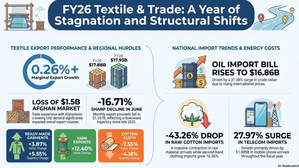 FY26 textile trade infographic: marginal export growth 0.26%; Afghan market loss; garments and yarn rise; cotton cloth fall; oil imports $16.86B; raw cotton imports down 43%; telecom imports up 28%.