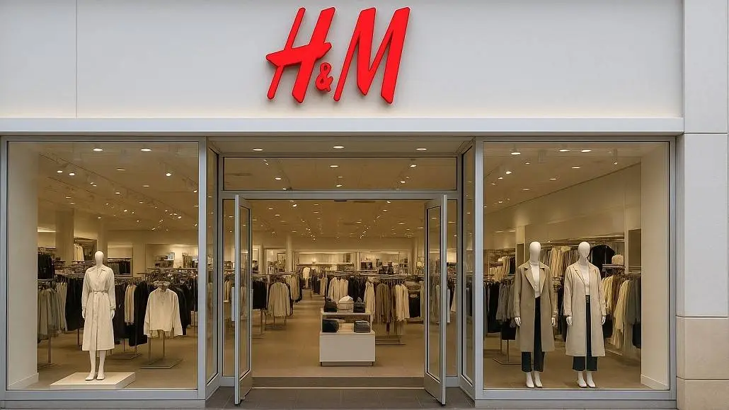 H&M storefront with large glass doors, two mannequins in the window displays wearing neutral coats, and shoppers visible inside the clothing store