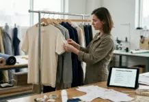 New Apparel Compliance Rules for U.S. Fashion Startups Woman inspecting a beige T-shirt on a clothing rack in a garment workshop; tablet shows a compliance checklist on the table.