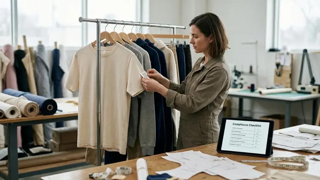 Woman inspecting a beige T-shirt on a clothing rack in a garment workshop; tablet shows a compliance checklist on the table.